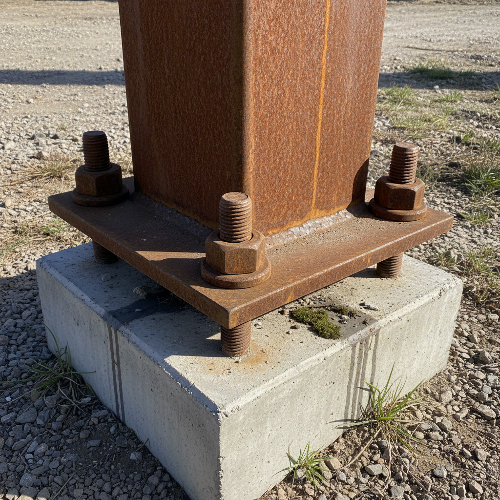 Steel bolt connection detail at column base, weathering steel showing natural patina