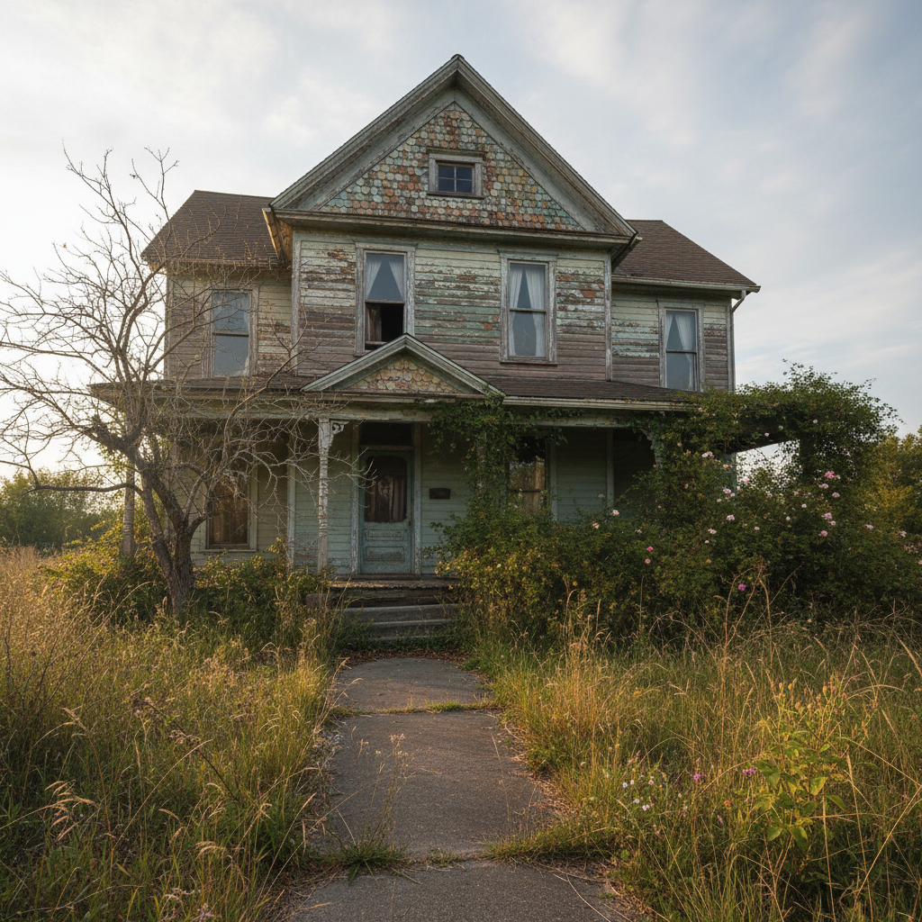 Distressed property exterior with peeling paint and overgrown landscaping showing investment potential