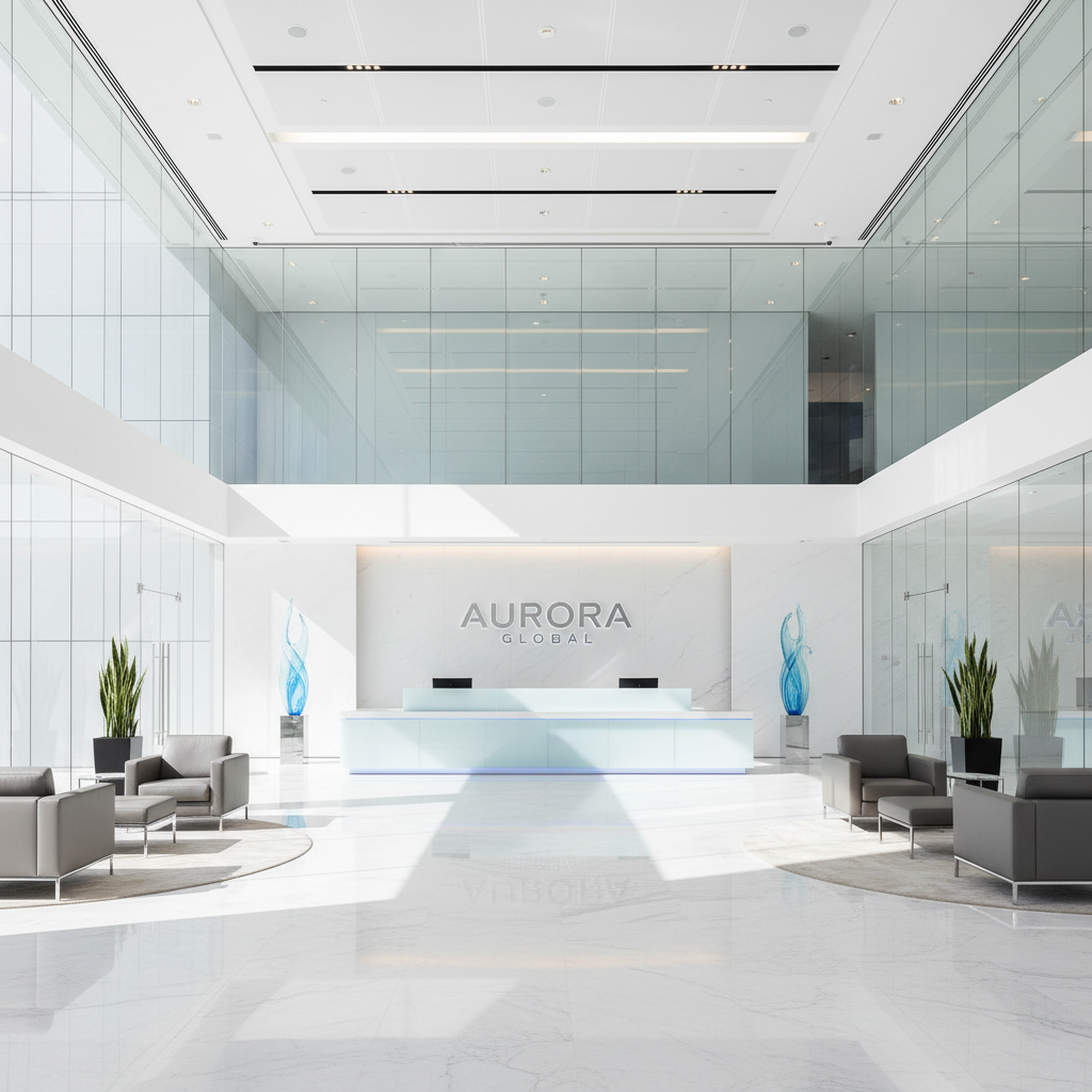 Spotless corporate office lobby with glass walls and polished marble floors