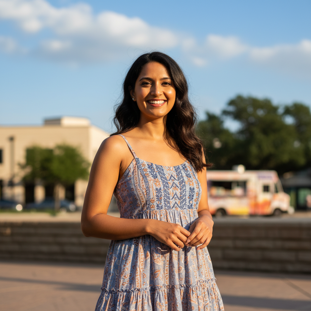Priya Okonkwo, South Asian woman with warm smile, Austin member