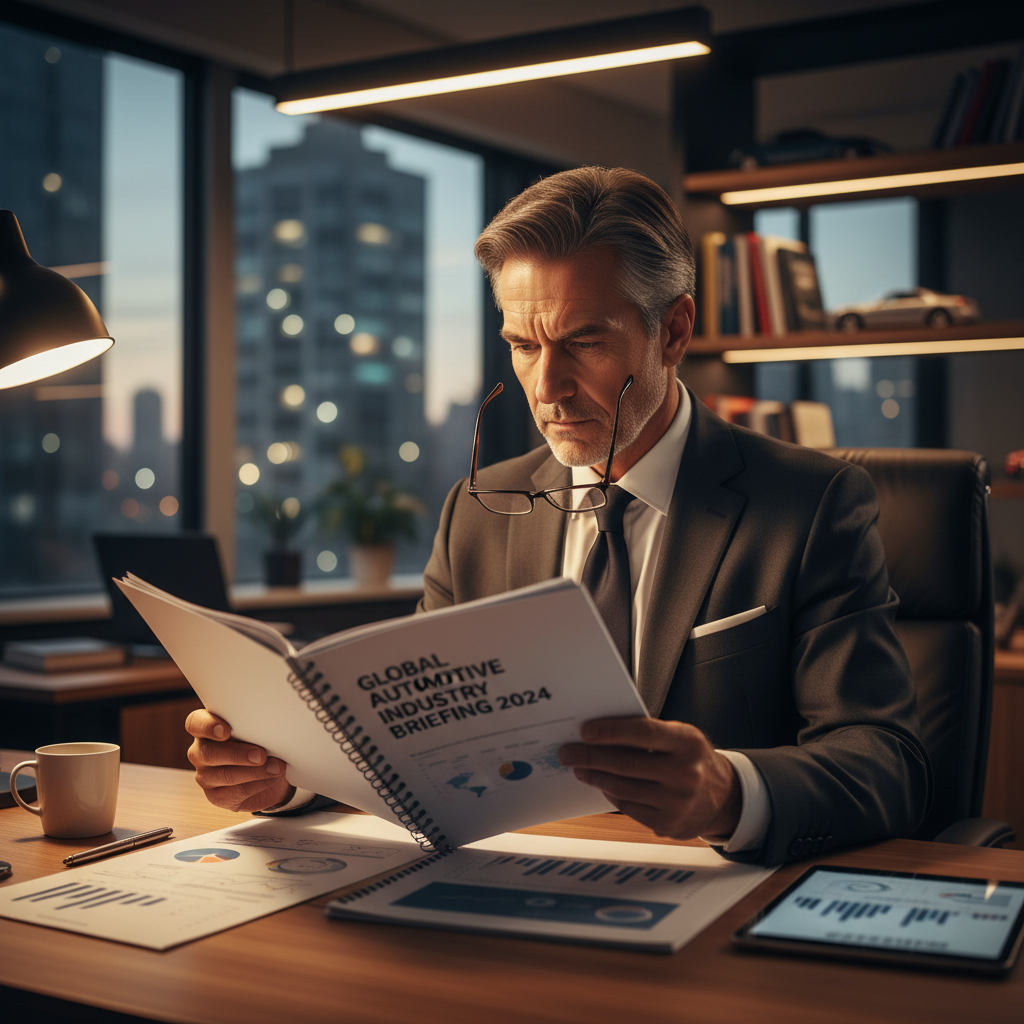 Automotive executive at desk reviewing industry briefing documents in evening office light
