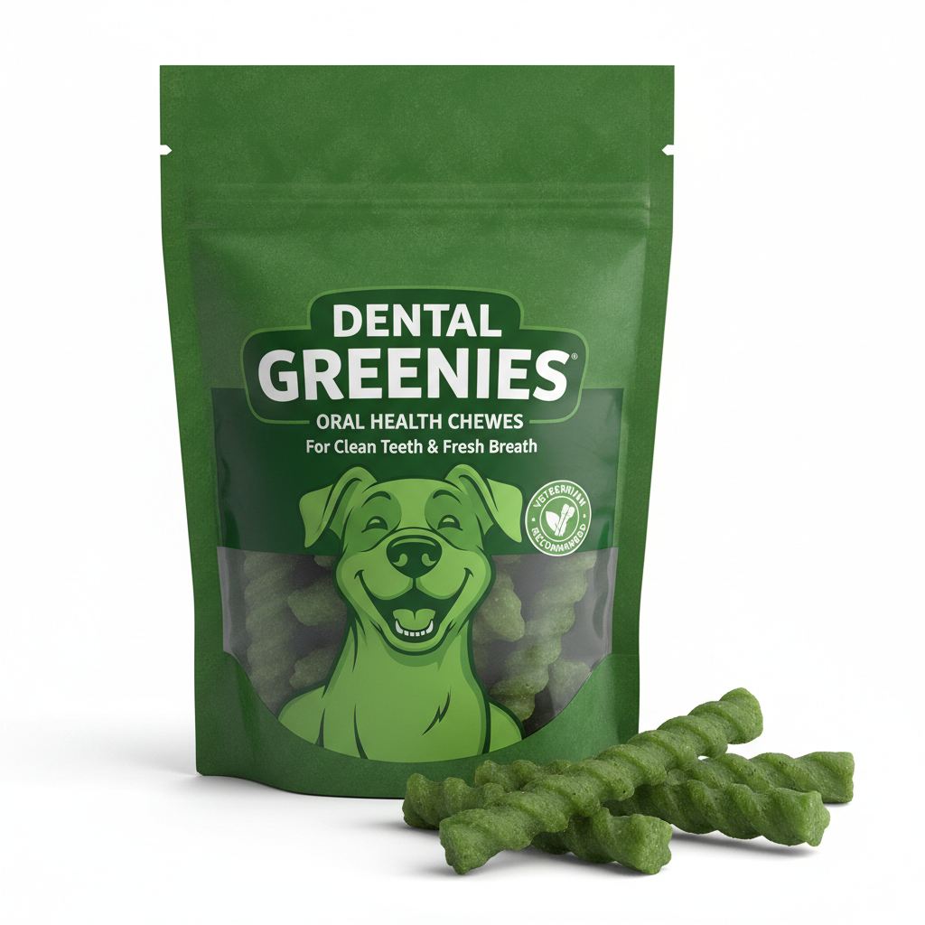 DentaChew product packaging showing green dental chew toy for dogs, front view of product box