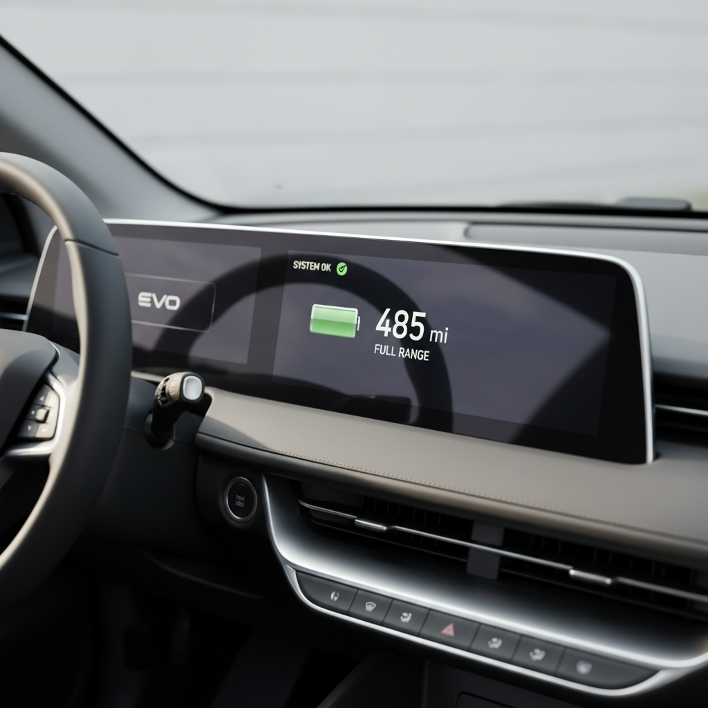 Clean EV dashboard showing full battery range restored after repair