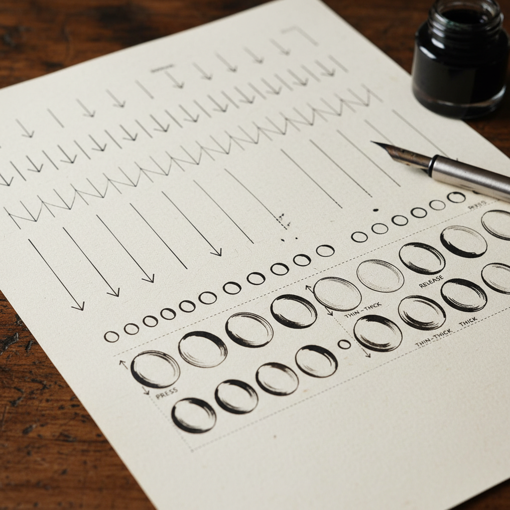 Calligraphy stroke practice worksheet on cream paper, warm studio lighting, wooden desk surface