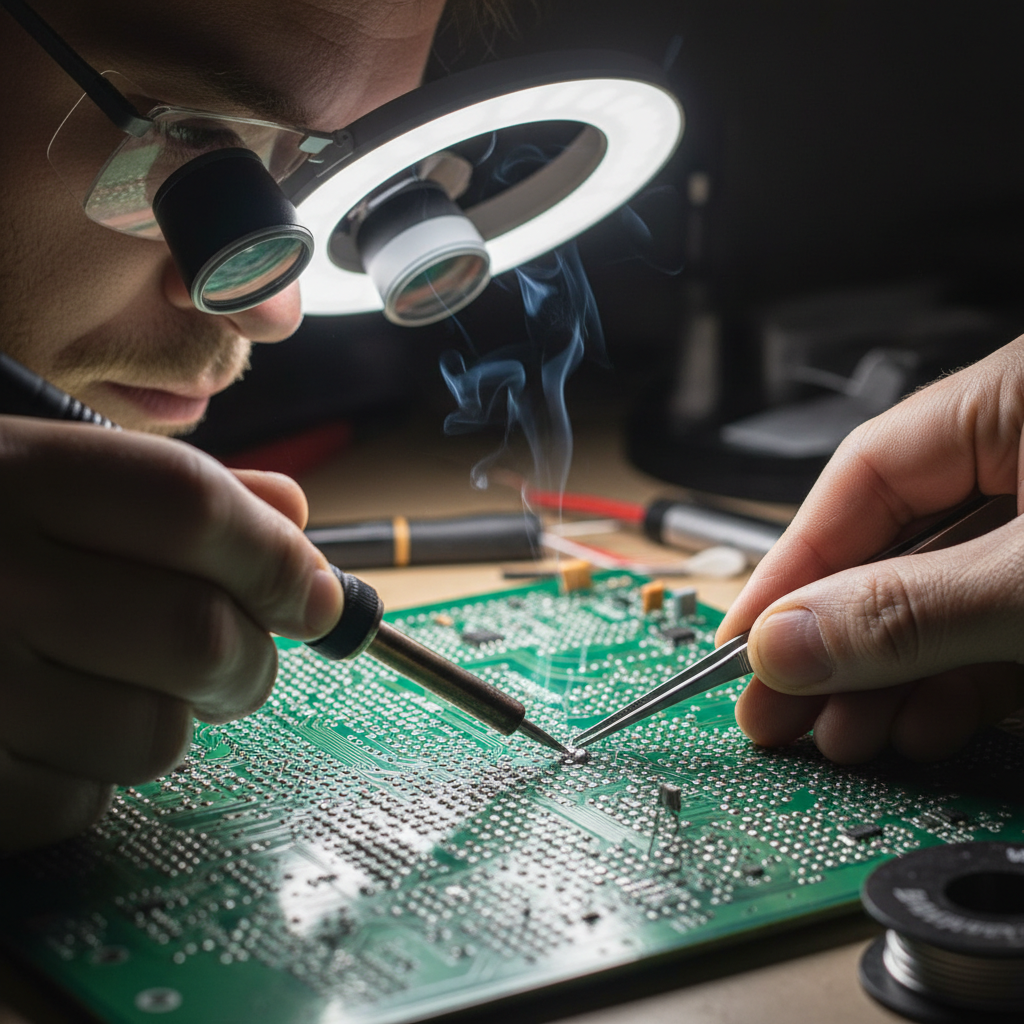Technician performing hand soldering on through-hole components with IPC certification