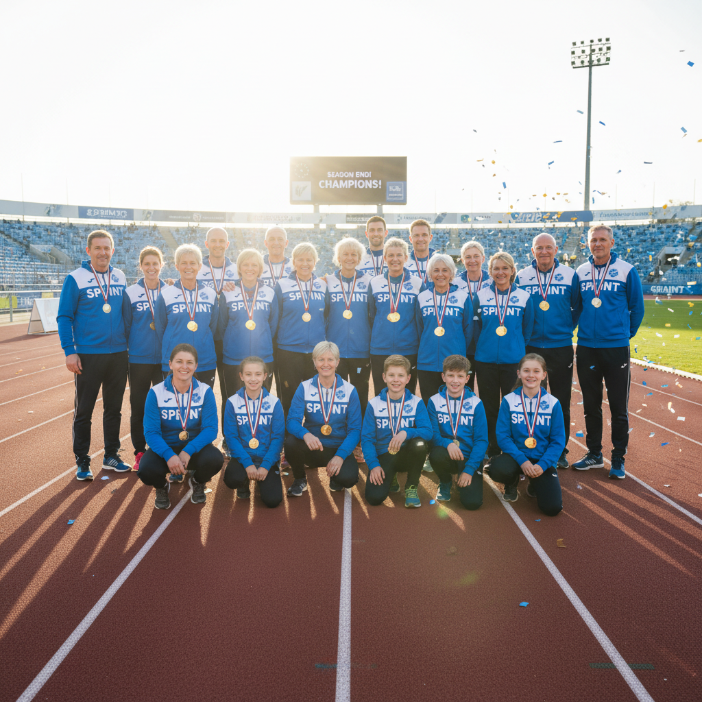 Sprint athletics club team photo on track, athletes of all ages smiling after a successful season