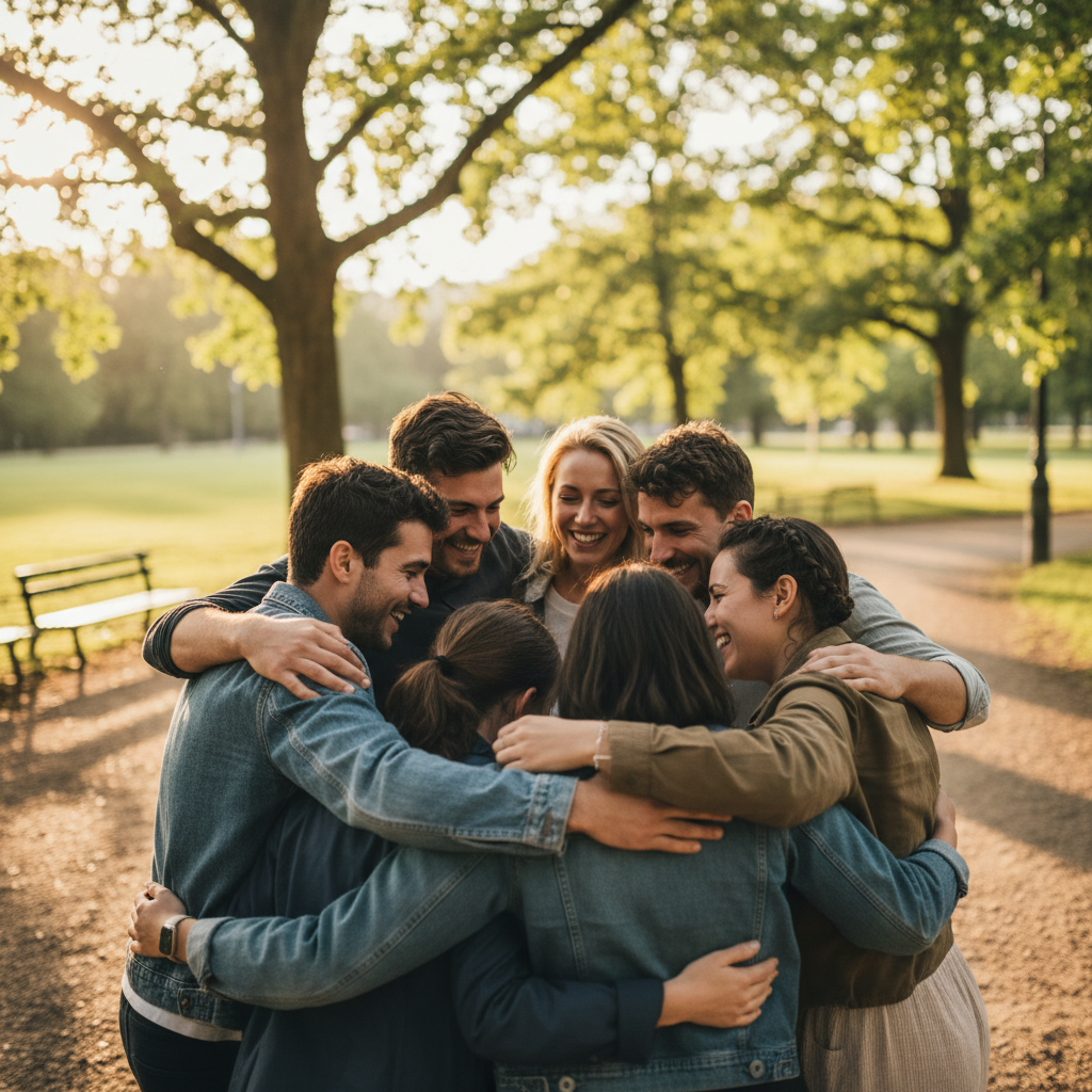 Friends hugging outdoors, sun behind them creating warm lens flare, emotional moment
