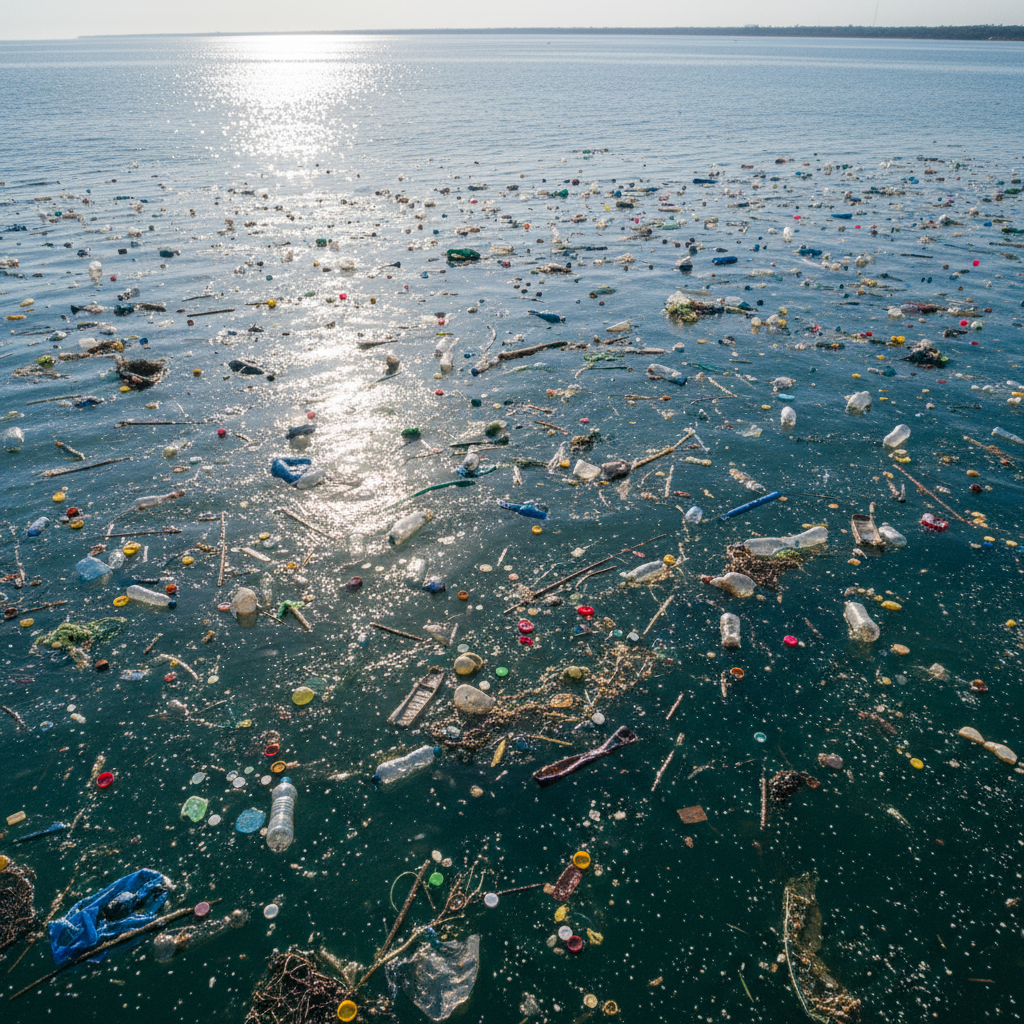 Ocean surface covered with plastic debris floating in turquoise water under bright sunlight