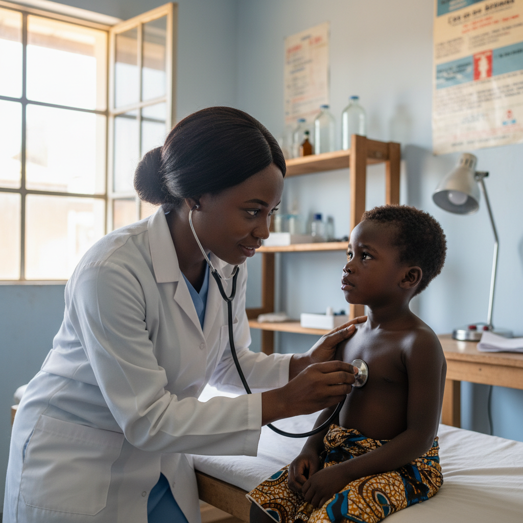 African nurse in white uniform examining a child patient in a clean clinic, warm natural light