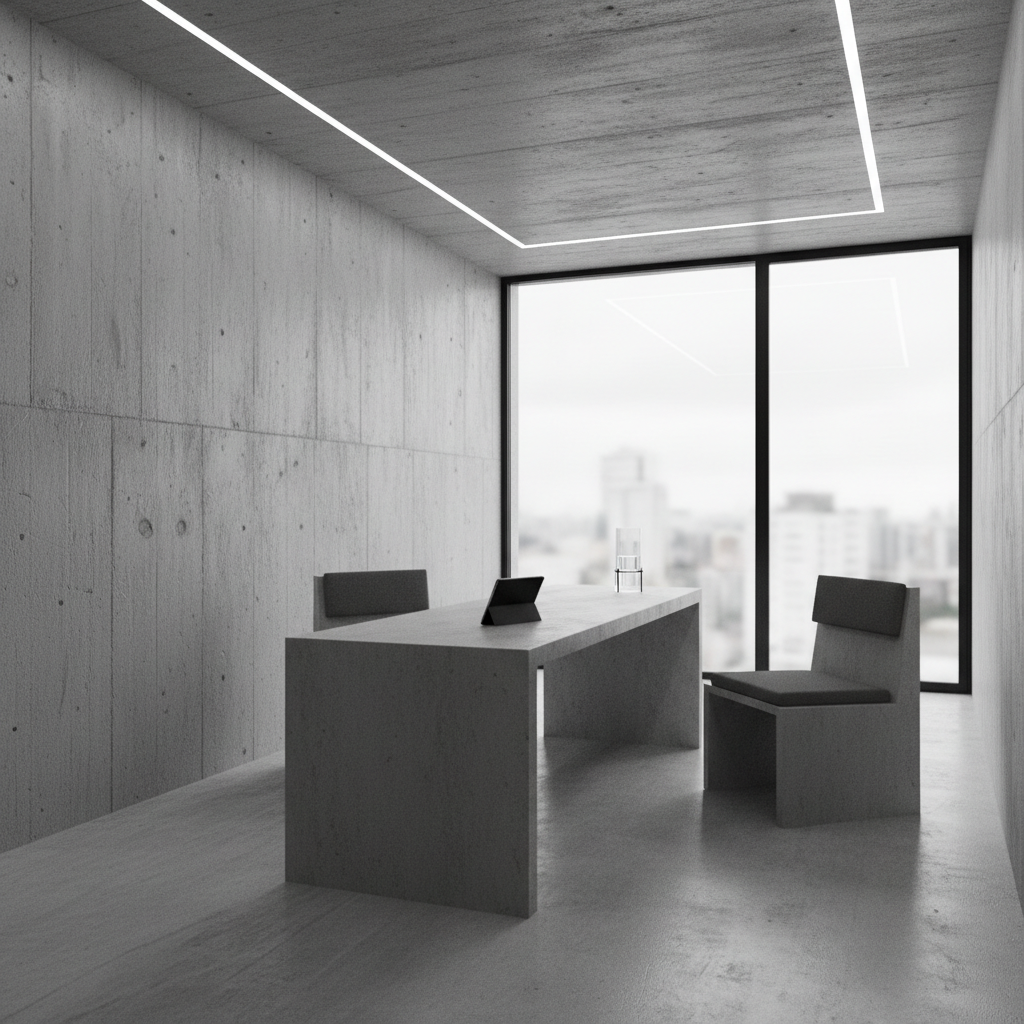 Brutalist consultation room with concrete walls and minimalist lighting