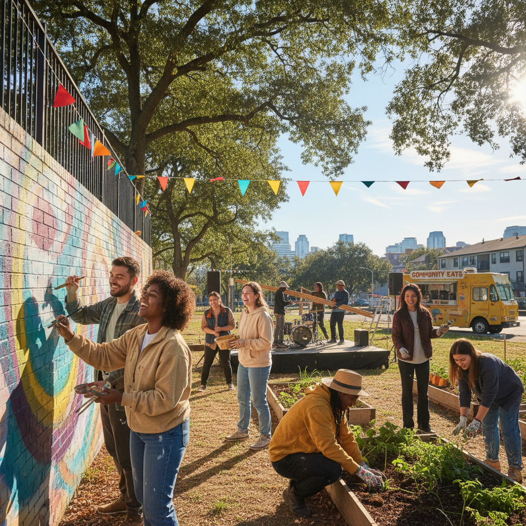Community mural painting session with diverse group adding botanical elements to large outdoor wall