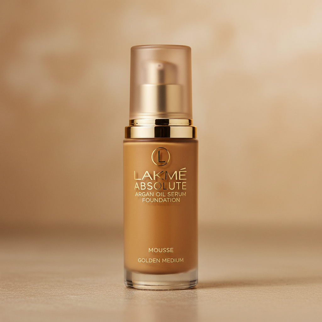 Lakme foundation mousse bottle in light beige shade on pink surface