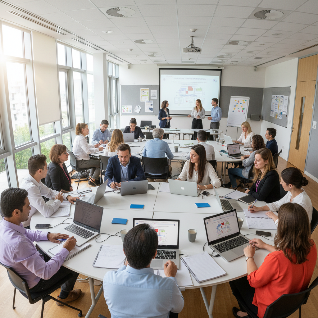 Group of educators in a bright training room listening attentively to a presenter at the front