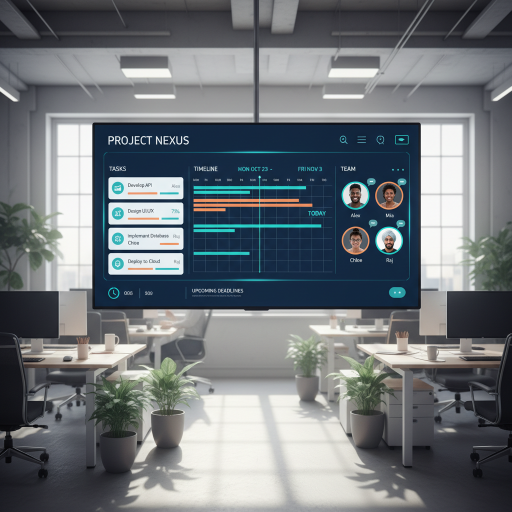 Project management dashboard with colorful task boards and timeline view on bright screen