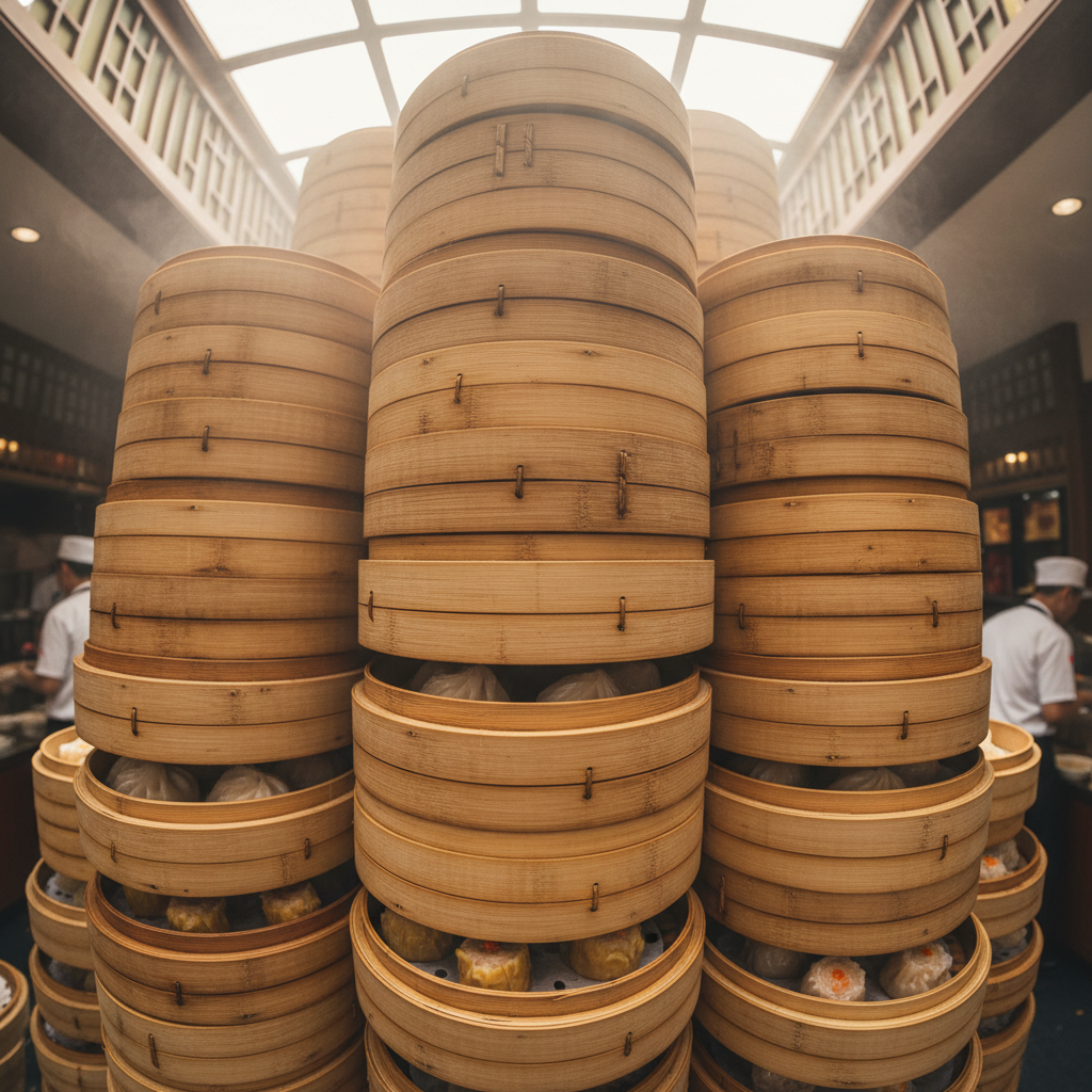 Bamboo dim sum steamers stacked high with delicate dumplings at the Feast dim sum station