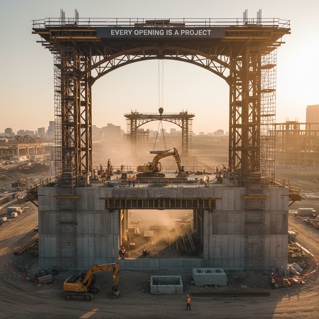 Large commercial construction site in Southeast Texas with concrete work in progress, early morning industrial environment with heavy equipment