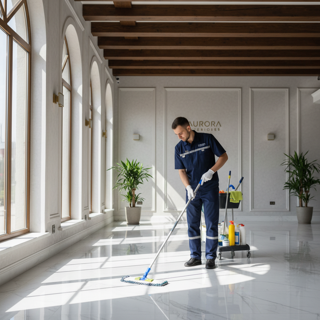 Worker operating a floor buffing machine on a shiny commercial hallway floor, bright overhead lighting, dark uniform