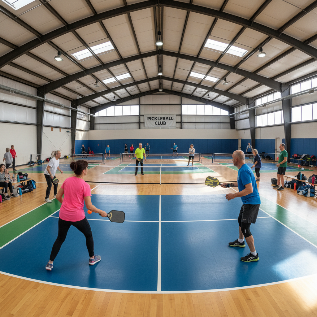 Morning recreational pickleball session, players warming up and playing casually in bright gymnasium