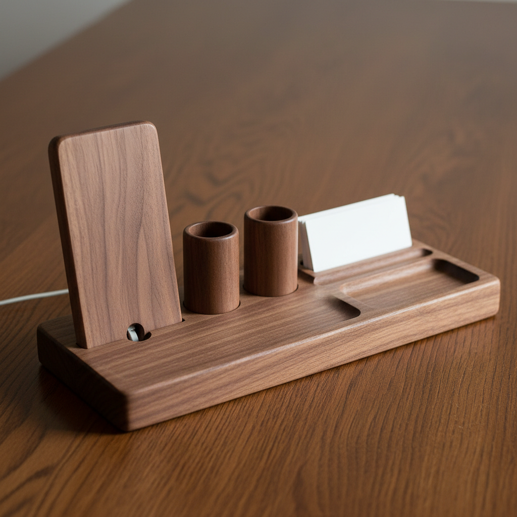Compact hard maple desktop organizer with pen holders and phone slot on a clean work desk