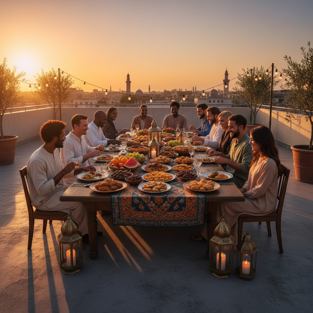 Golden hour rooftop iftar scene