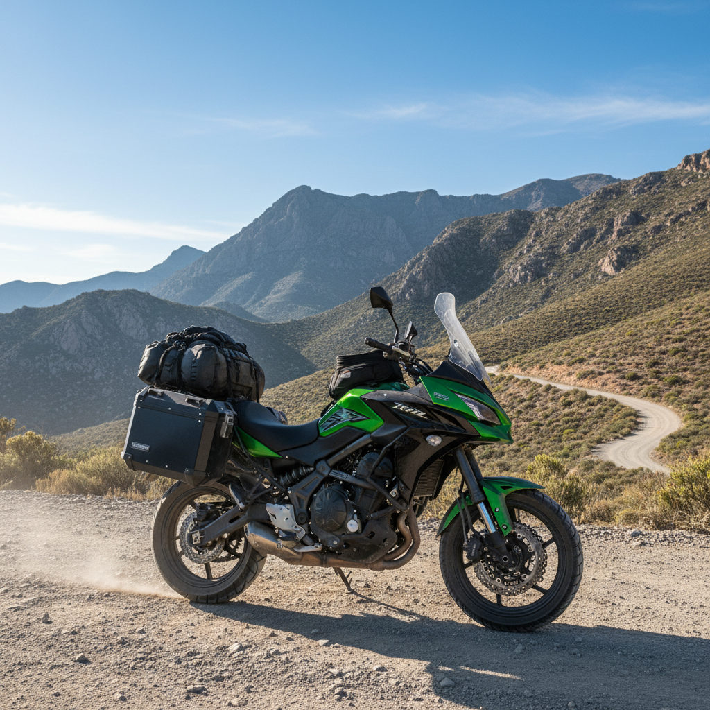 Kawasaki Versys 650 en terreno aventurero con equipamiento de touring