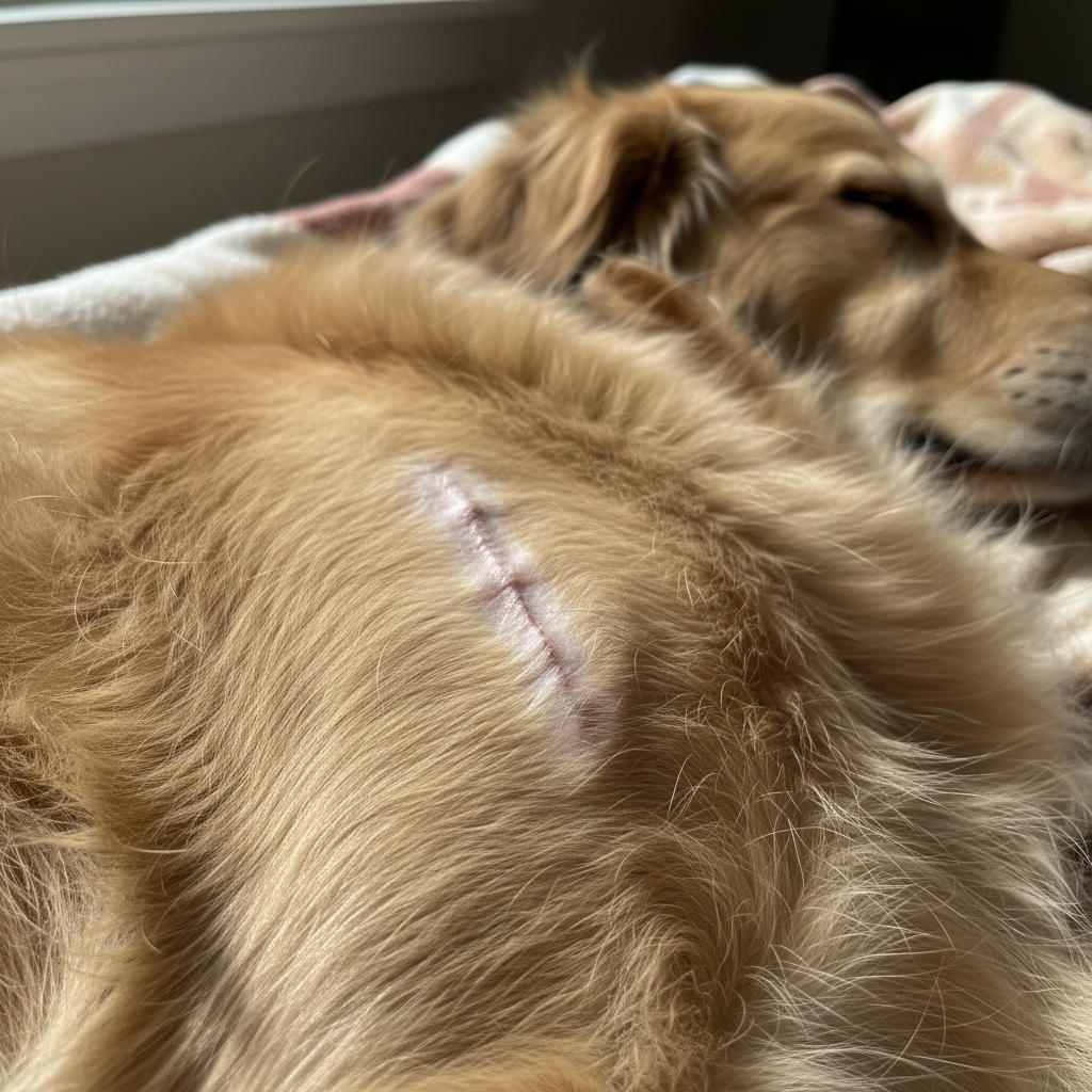 Golden retriever dog recovering after surgery, tail wagging, lying on a warm blanket