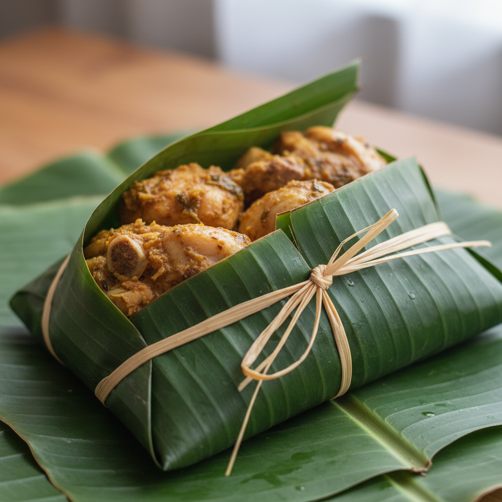 Chicken luwombo being carefully wrapped in banana leaves and tied with banana fibre