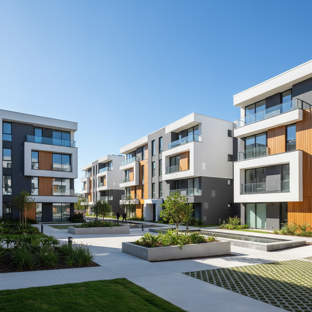 Premium residential complex in bright sunny conditions, airy open space, well-lit architecture
