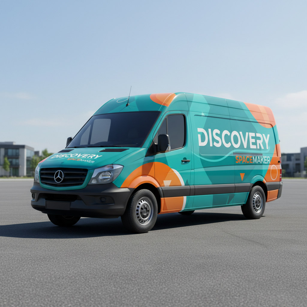 Commercial delivery van with full wrap brand advertising graphics in blue and yellow