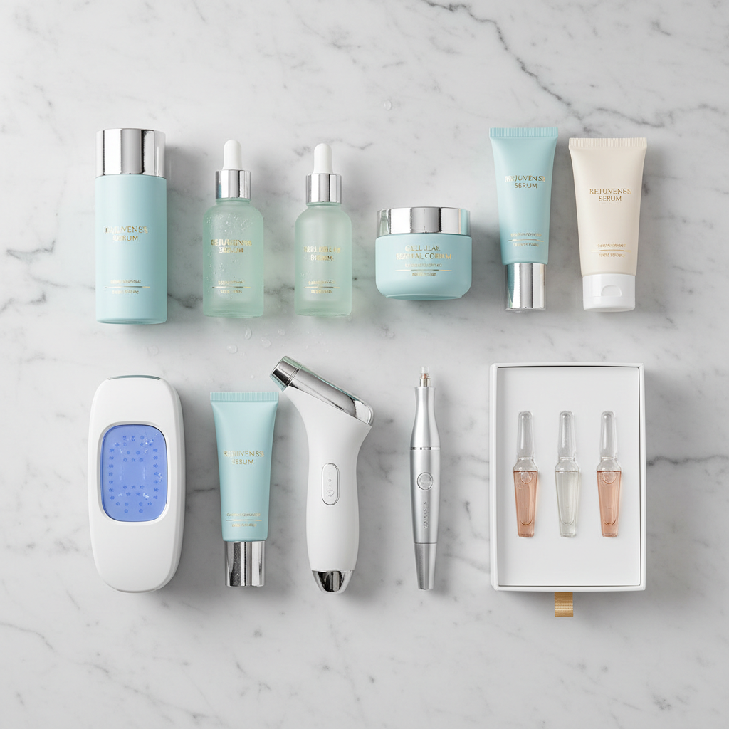 Aesthetic treatment products and clean clinical tools arranged on white surface in bright clinic