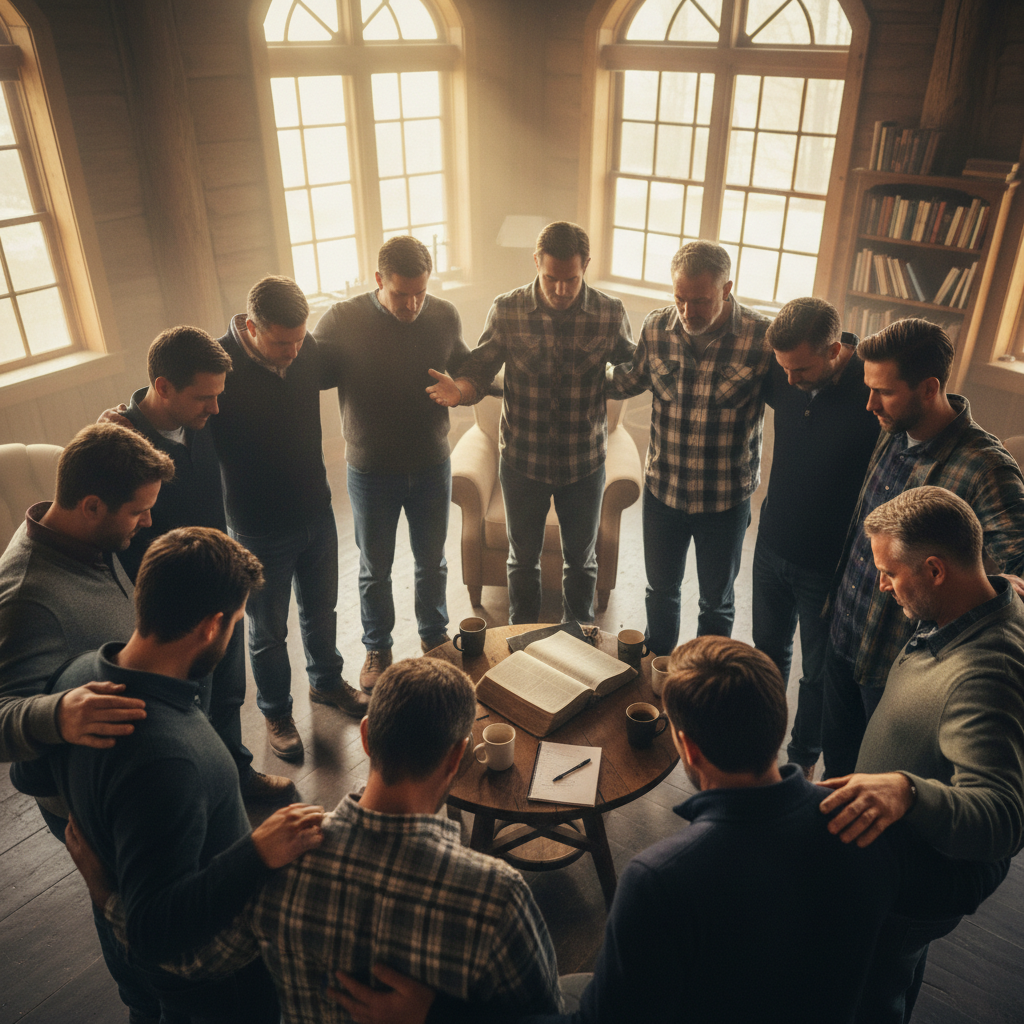 Group of men in prayer together in church setting, heads bowed, hands joined in circle