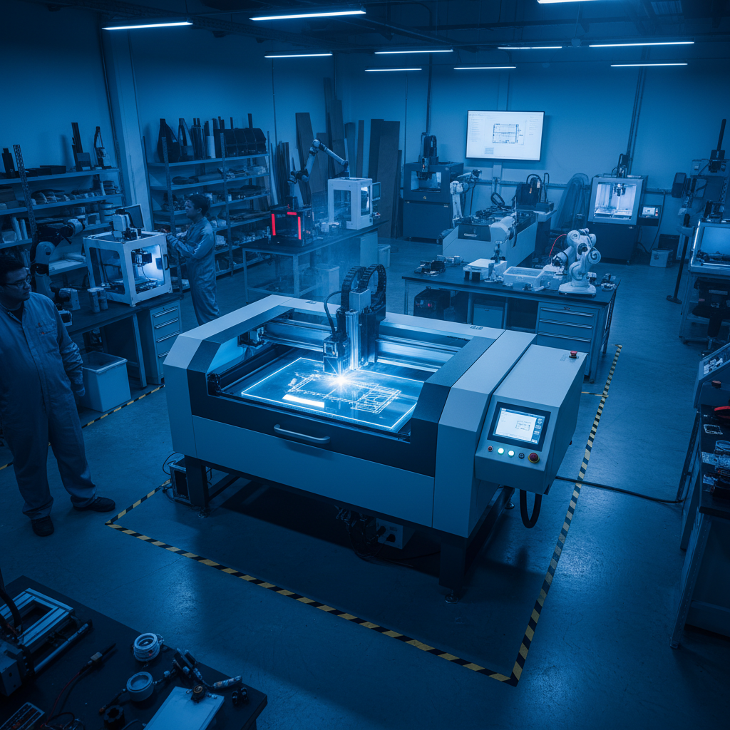 Digital fabrication lab with laser cutter in operation, blue light and precise cutting motion visible