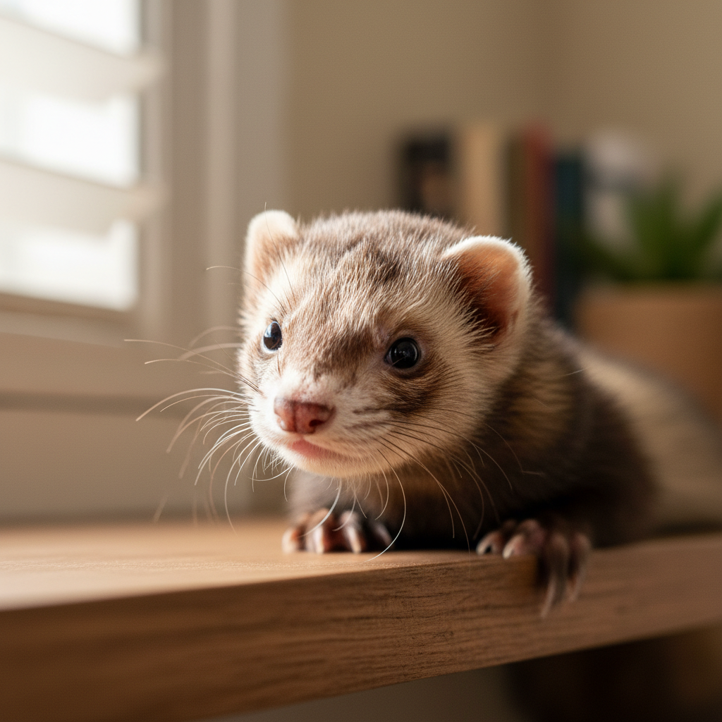 Pippin the ferret peering curiously over the edge of a shelf