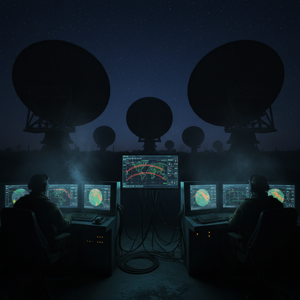 Dark radar installation at night with glowing screen interfaces and low-key dramatic lighting