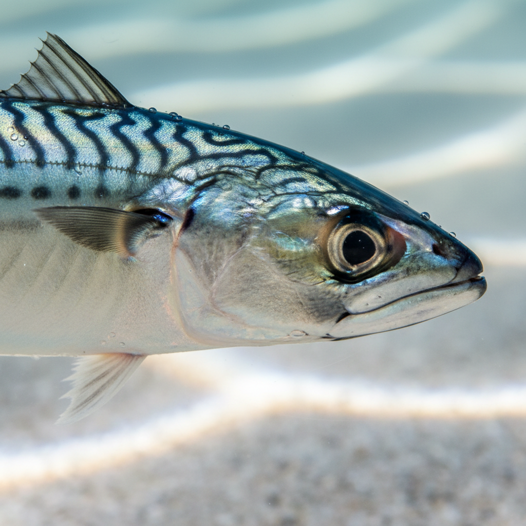 Fresh Atlantic mackerel with distinctive blue-green iridescent stripes along its back