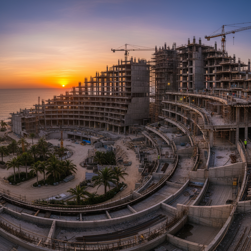 Luxury villa under construction at dusk, dramatic sky, deep shadows, professional building site with premium materials