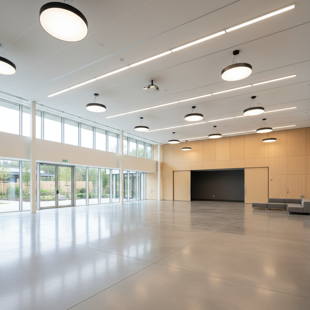 Spacious community hall with chairs arranged for a gathering, accessible and bright with high ceilings and warm lighting
