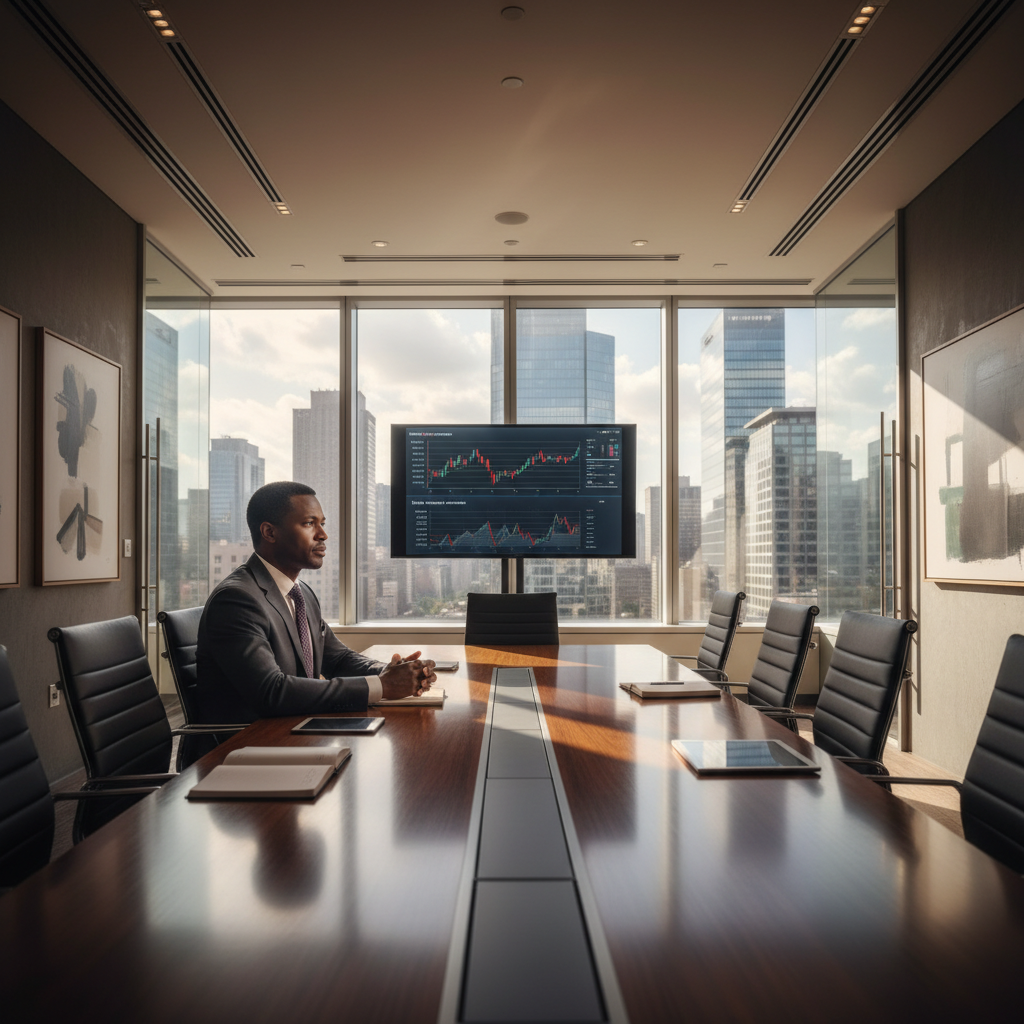 Distinguished African executive in boardroom, natural light through floor-to-ceiling windows