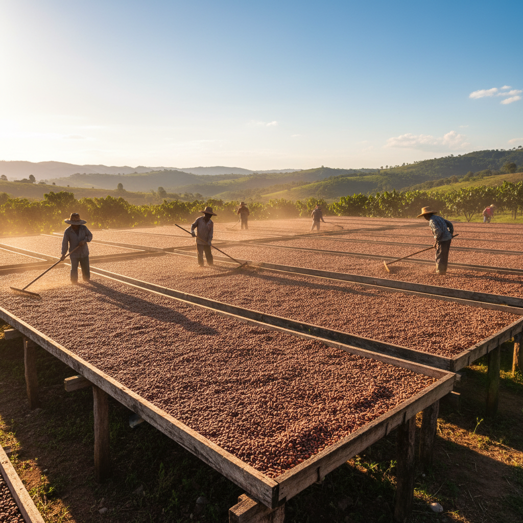 Chuao cacao beans drying in the Venezuelan sun, traditional wooden drying beds