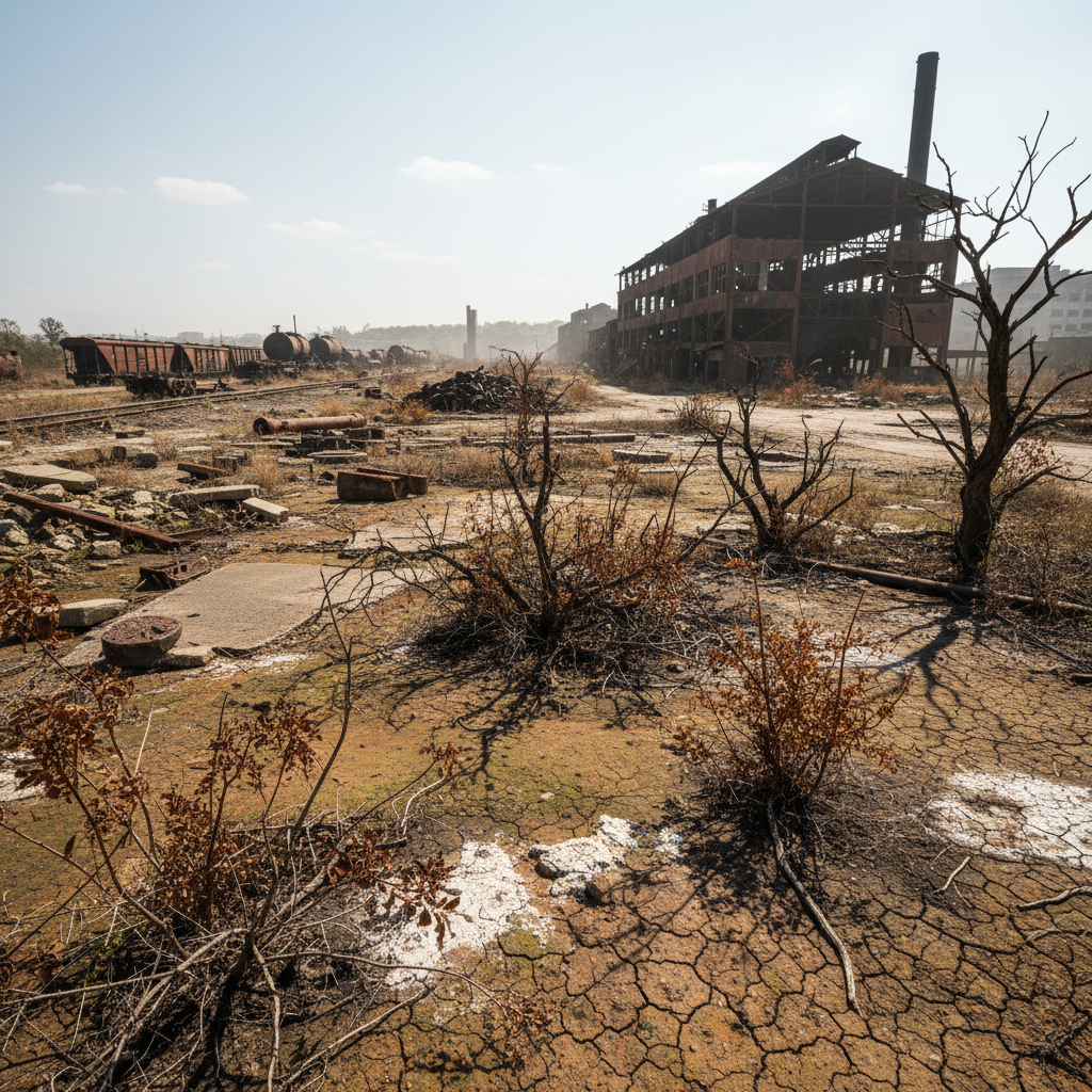 Deforested barren landscape with dry cracked earth, industrial smoke, damaged environment, stark contrast