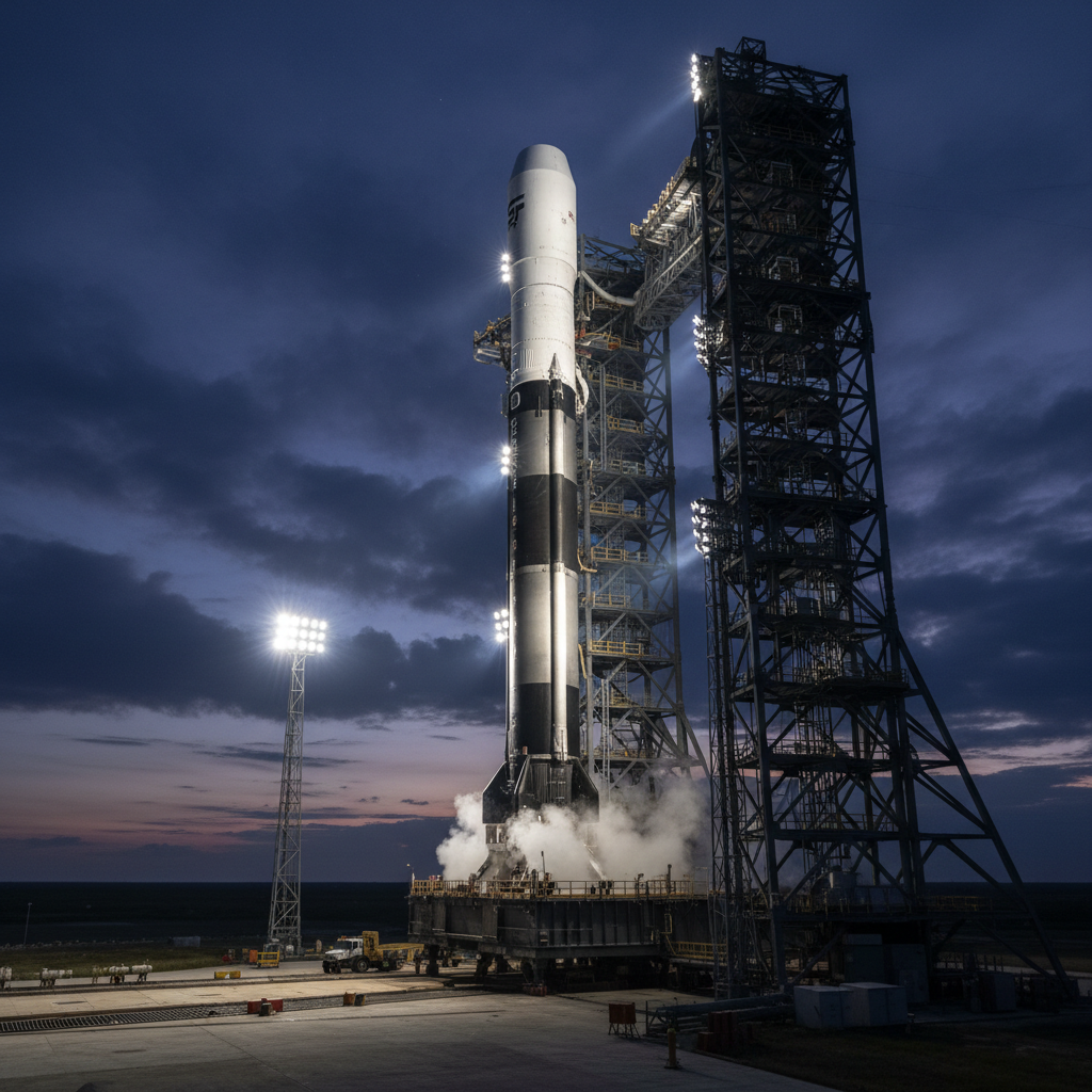 Tall rocket on launch pad, dark sky, dramatic upward perspective, industrial steel structure, low-key lighting