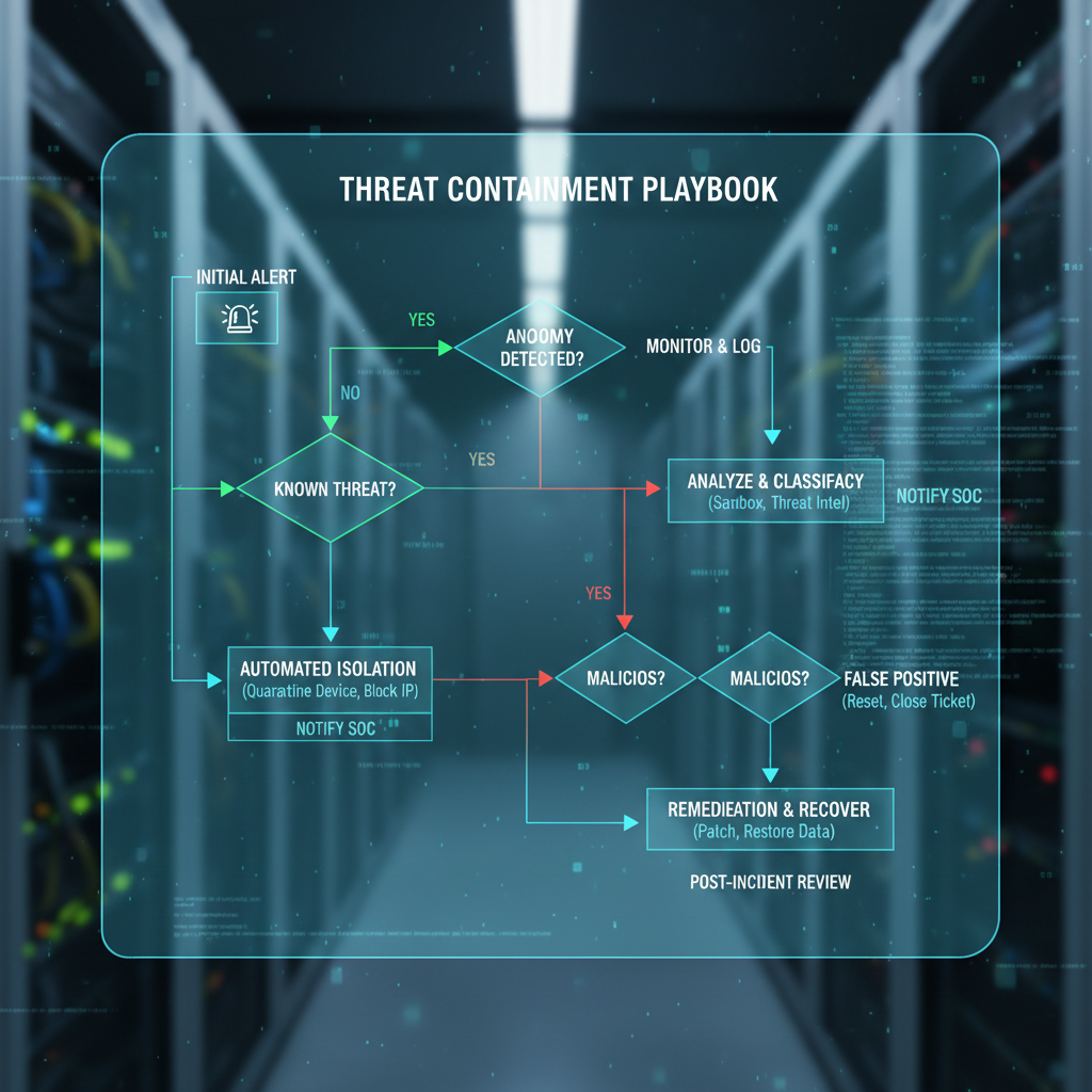 Security automation dashboard showing automated threat response playbooks executing containment actions across network infrastructure