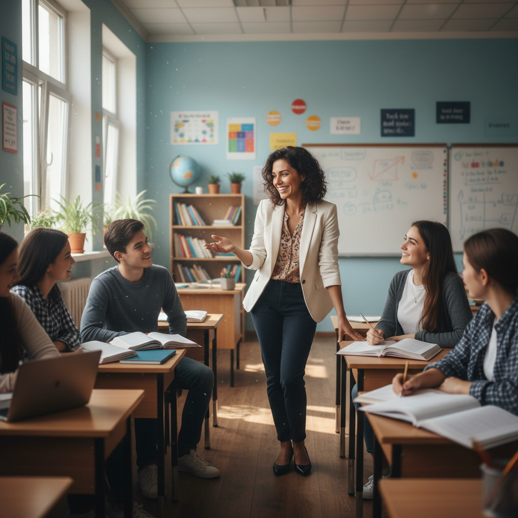 Teacher enthusiastically engaging with students in a classroom