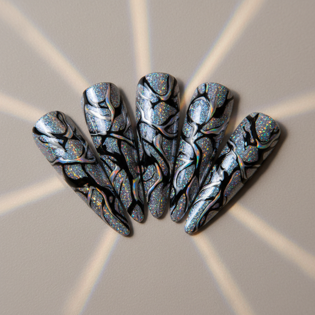 Holographic chrome powder nail art with mirror-like rose gold finish, dramatic lighting