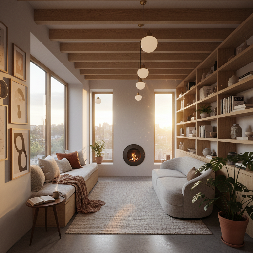Elegantly renovated compact apartment with reading nook and warm evening light