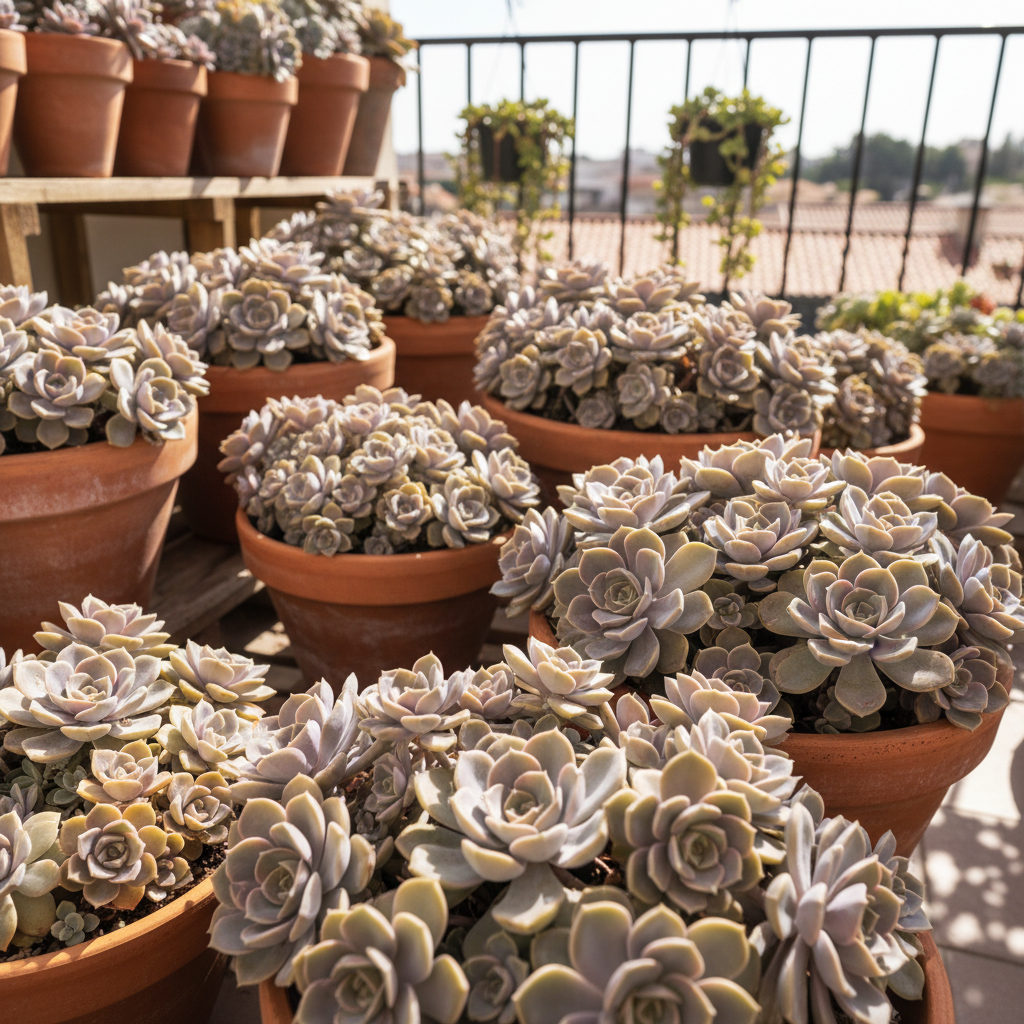 Dense collection of echeveria rosettes in terracotta pots on a sunny balcony
