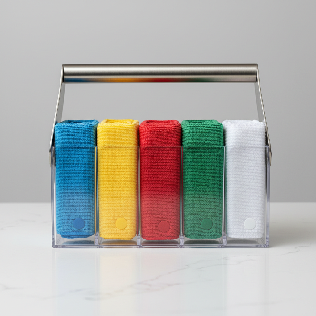 Close-up of color-coded microfiber cloths folded precisely in a professional cleaning caddy