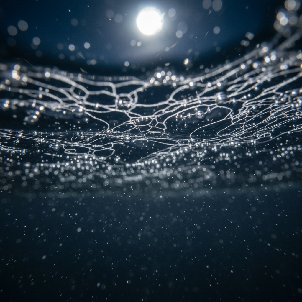 Moonlit ocean surface viewed from just below the water, light refracting in silver patterns
