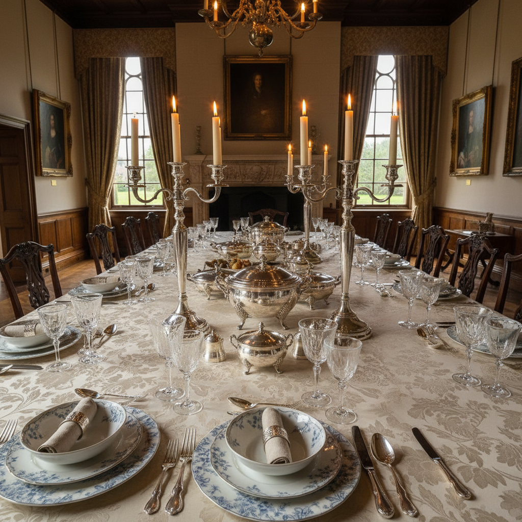 Elegant English manor dining table with silver candelabras, formal place settings, and antique silver serving dishes