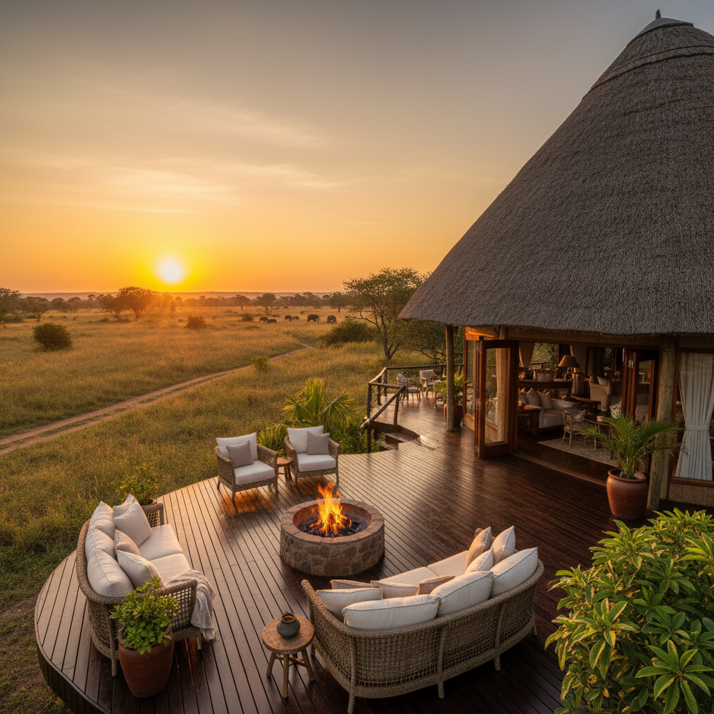 Luxury safari lodge at sunset, warm amber light, African wilderness Uganda